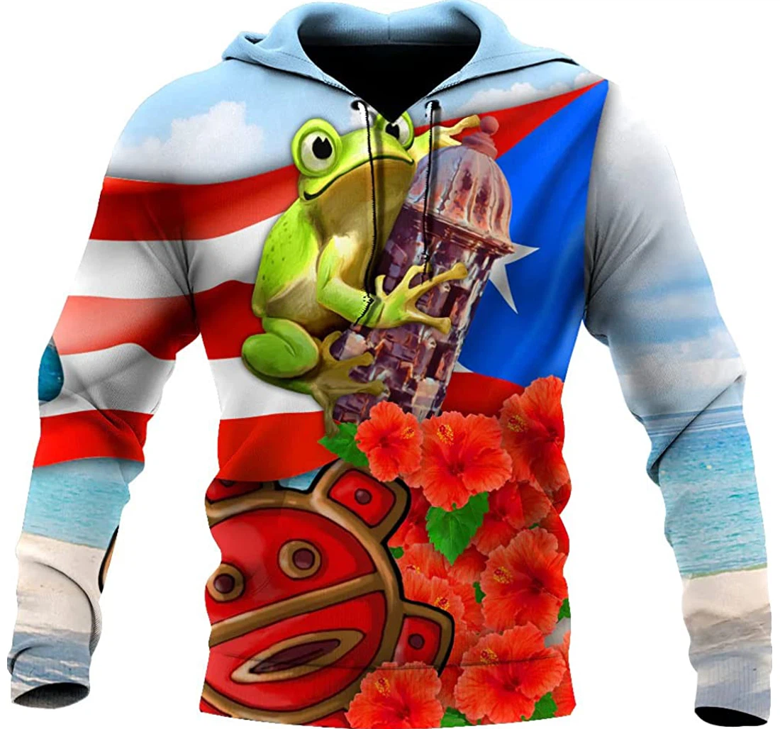 Personalized Puerto Rico Coqui Frog Taino Sun Puerto Rican Us Family Boricua - 3D Printed Pullover Hoodie