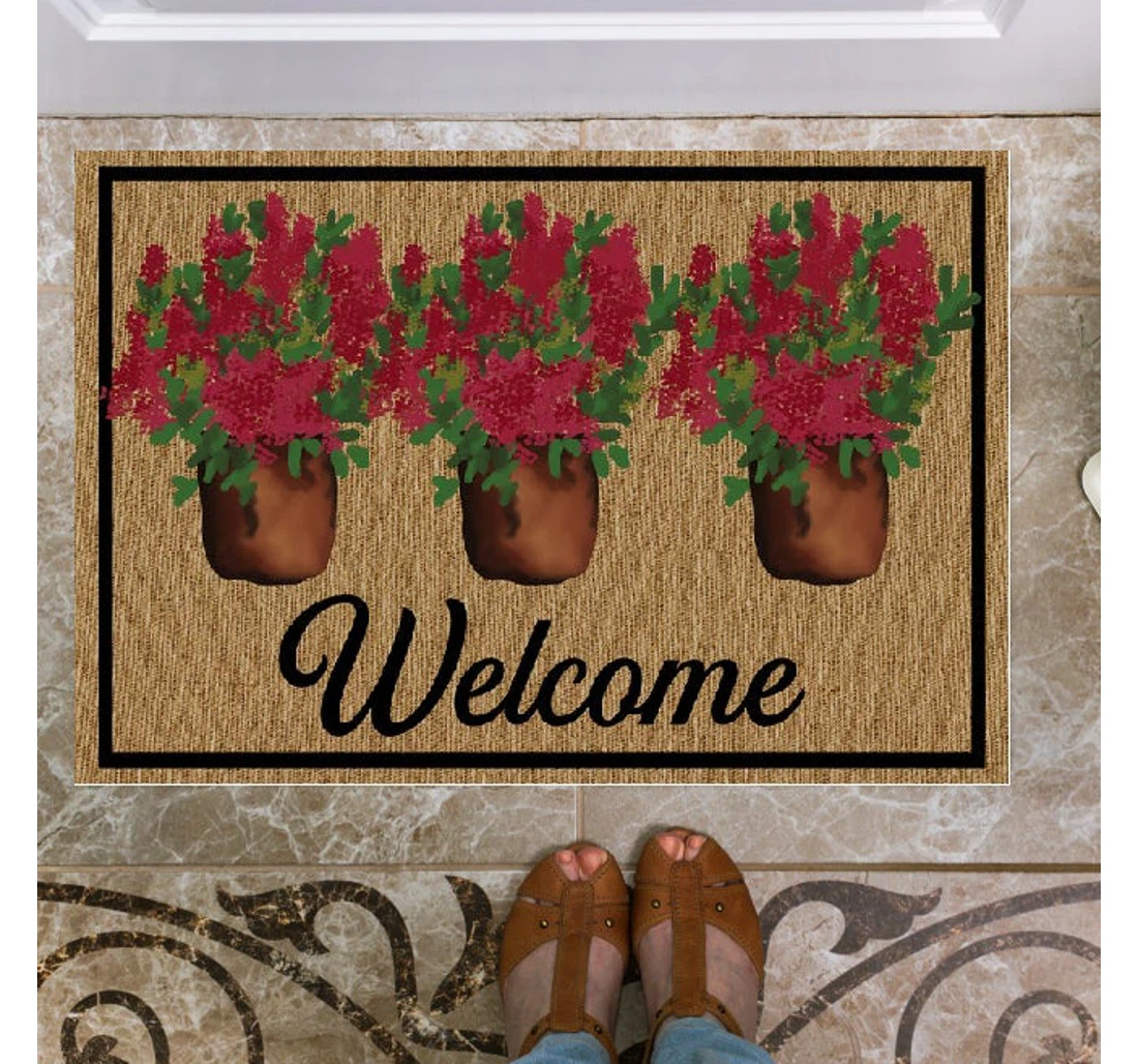 Welcome Red Flowers Funny Family Anti-Slip, Water-Absorbent Doormat