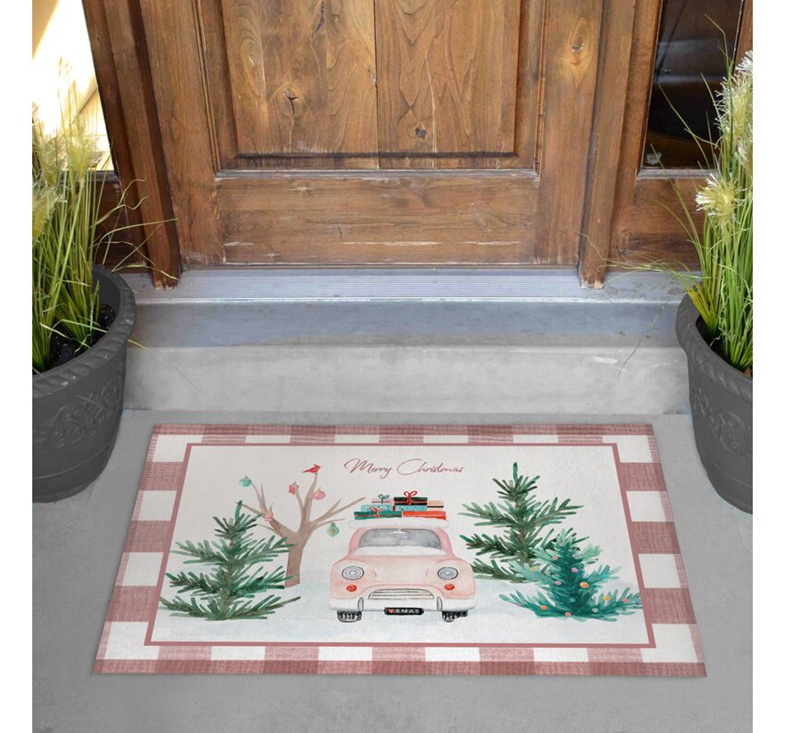 Pink Truck Merry Christmas Christmas Anti-Slip, Water-Absorbent Doormat
