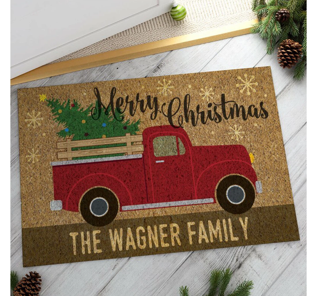 Personalize Christmas Red Truck Merry Christmas Welcome Anti-Slip, Water-Absorbent Doormat