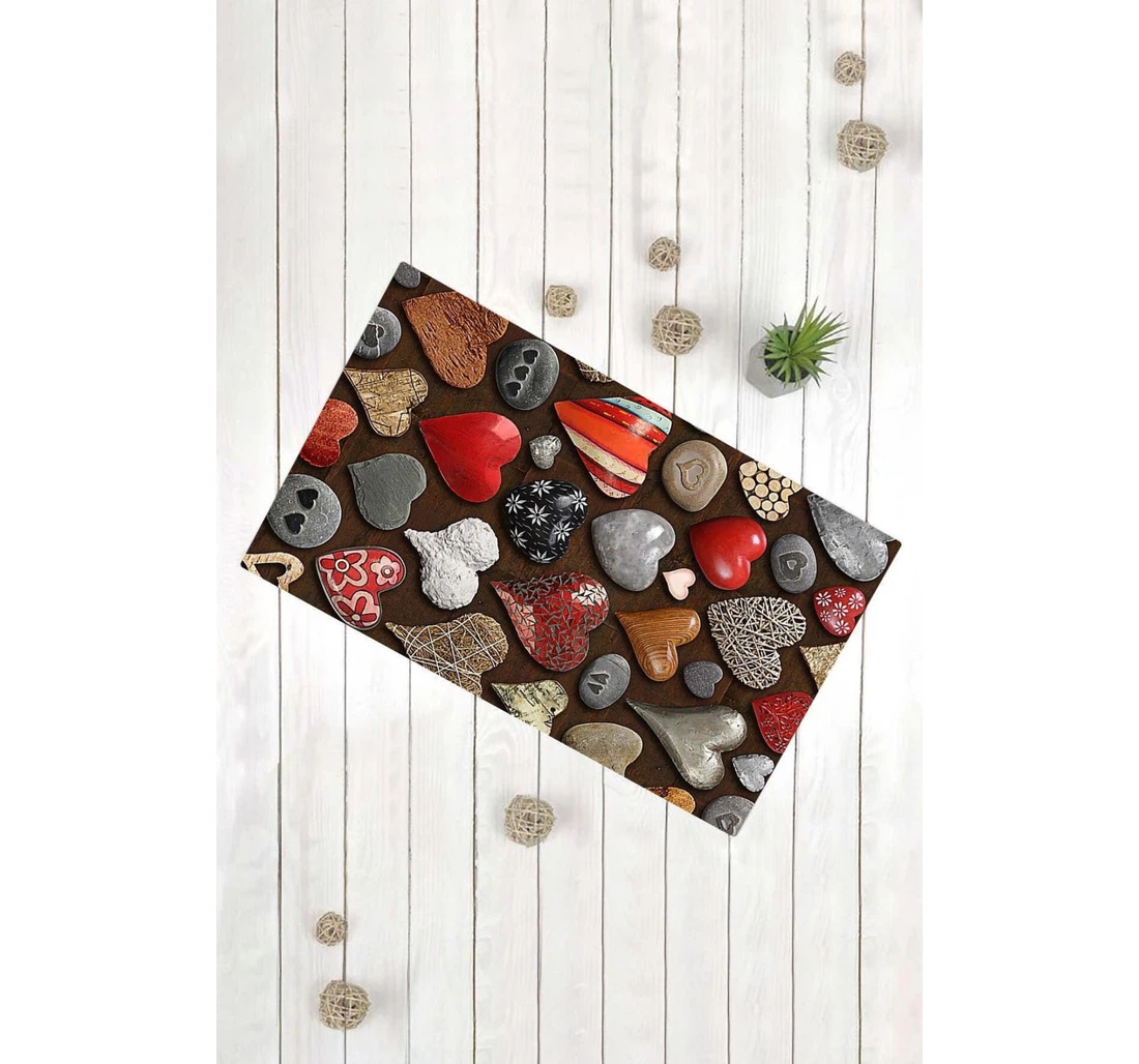 Red Gray Heart Pattern Love Valentines Anti-Slip, Water-Absorbent Doormat