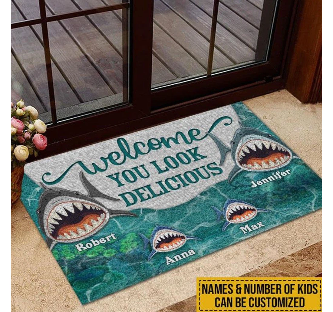 Personalized Shark Family Welcome Delicious Customized Shark Family Anti-Slip, Water-Absorbent Doormat