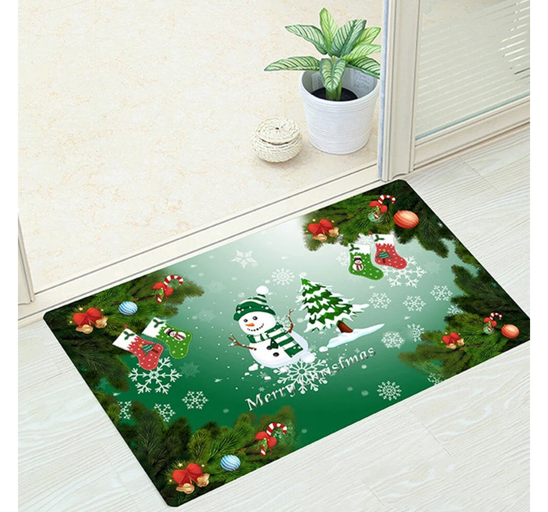 Christmas Tree And Christmas Snowman Green Christmas Welcome Anti-Slip, Water-Absorbent Doormat