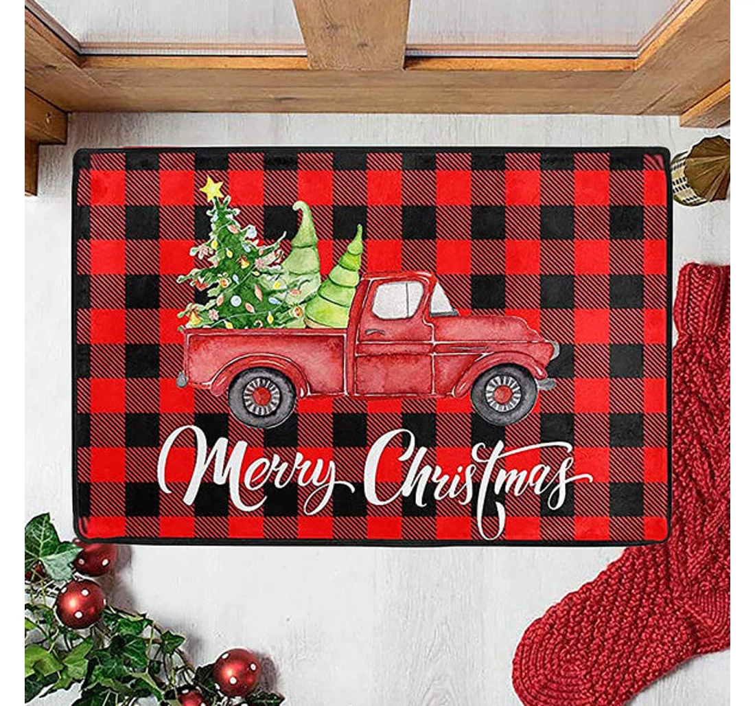Christmas Tree Red Turck Merry Christmas Welcome Anti-Slip, Water-Absorbent Doormat