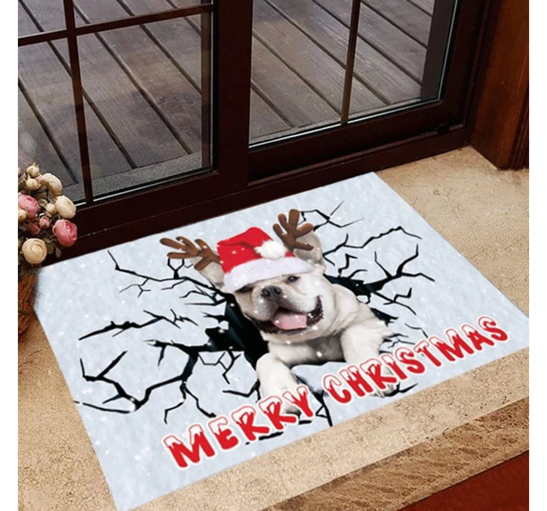 Frenchie Cracked Ice Merry Christmas Merry Christmas Welcome Anti-Slip, Water-Absorbent Doormat