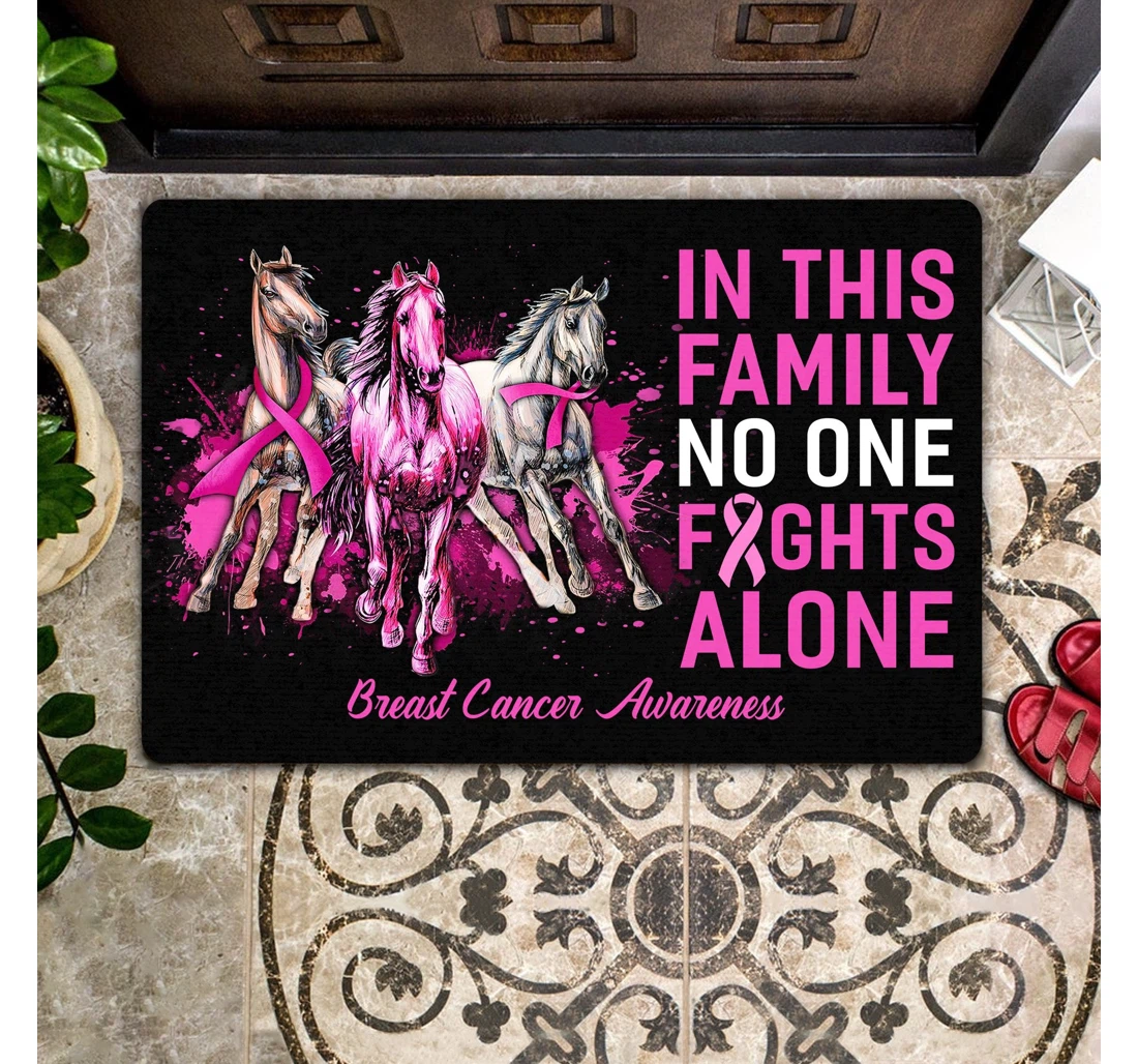 In This Family No One Fights Alone Horse Breast Cancer Awareness Family Welcome Anti-Slip, Water-Absorbent Doormat