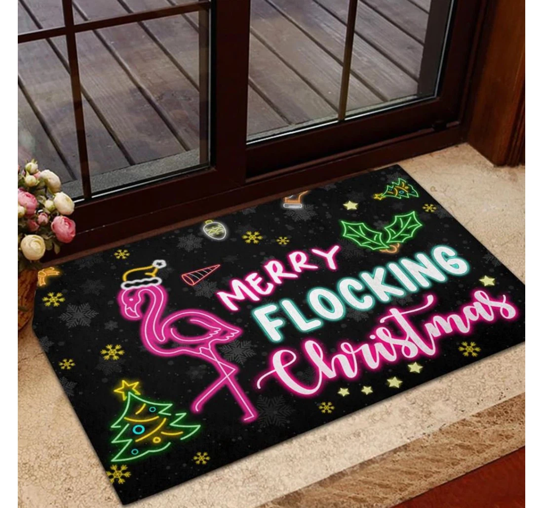 Merry Flocking Christmas Flamingos Christmas Welcome Anti-Slip, Water-Absorbent Doormat