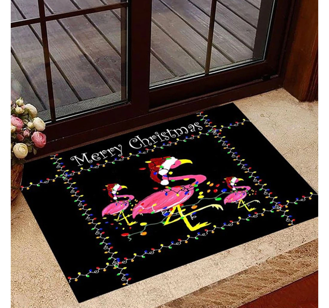 Flamingos Christmas Holiday Lights Merry Christmas Flamingos Christmas Anti-Slip, Water-Absorbent Doormat