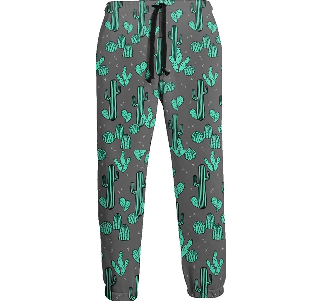 Personalized Green Cactus Pattern Athletic Track For Workout Lounge Running Sweatpants, Joggers Pants With Drawstring For Men, Women