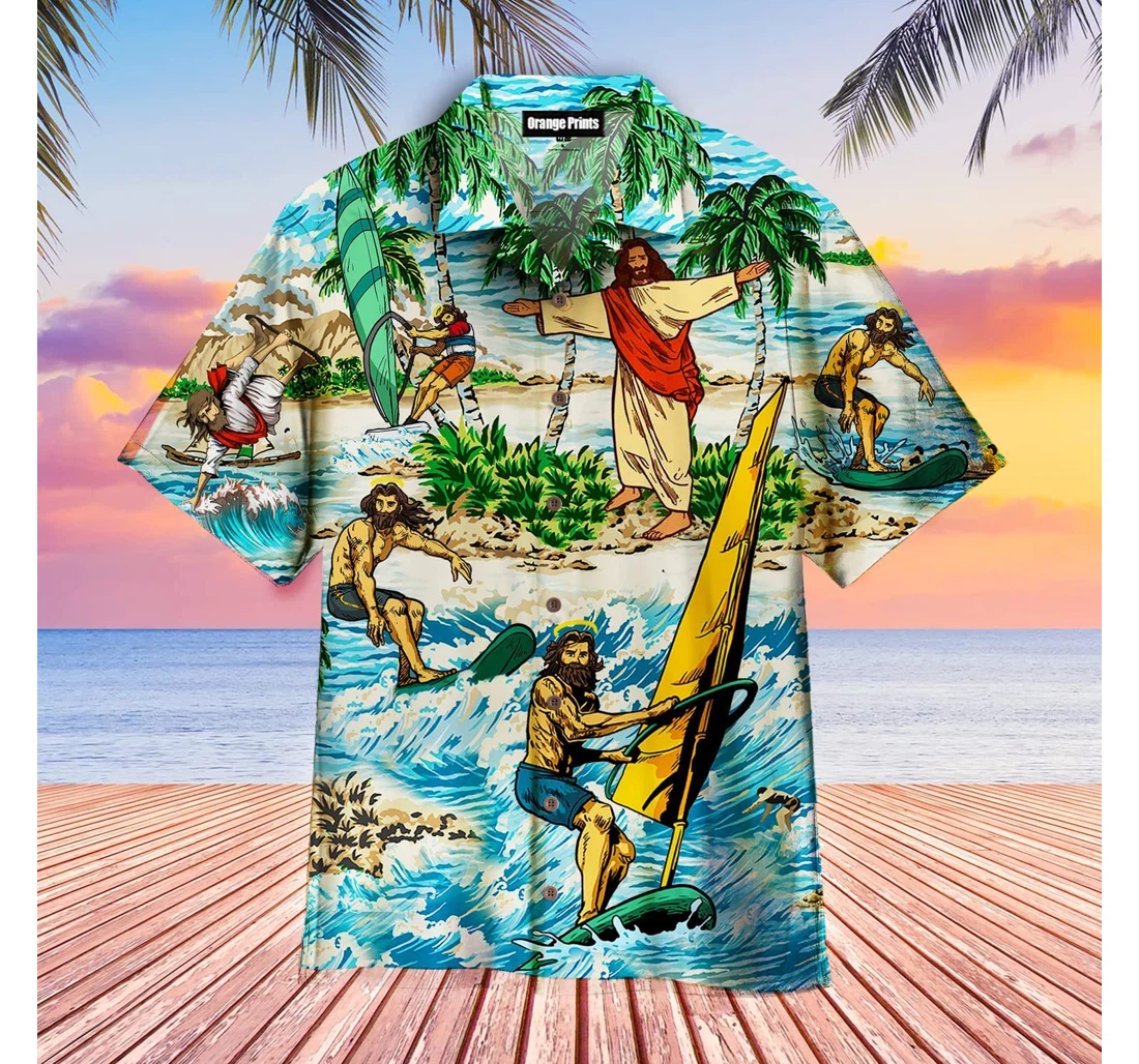 Personalized Funny Jesus Surfing Hawaiian Shirt, Button Up Aloha Shirt For Men, Women