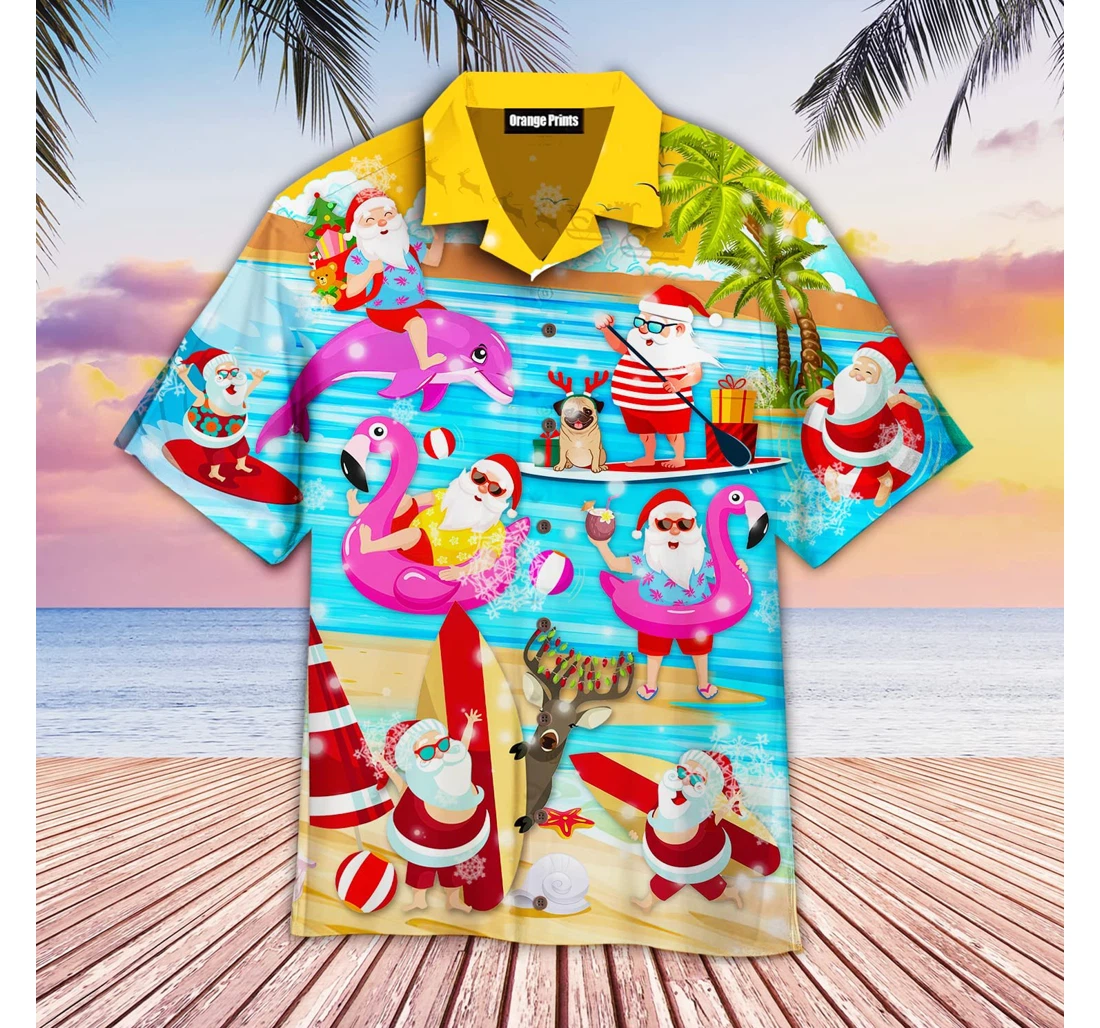 Personalized Merry Santa Surfing Dolphin On Christmas In July Hawaiian Shirt, Button Up Aloha Shirt For Men, Women