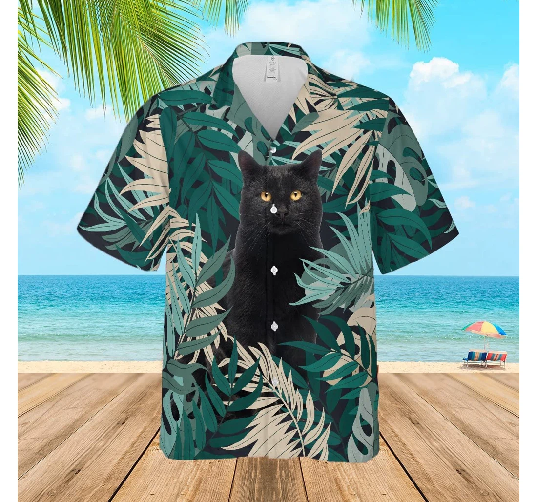 Personalized Black Cat Hawaiian Shirt, Button Up Aloha Shirt For Men, Women