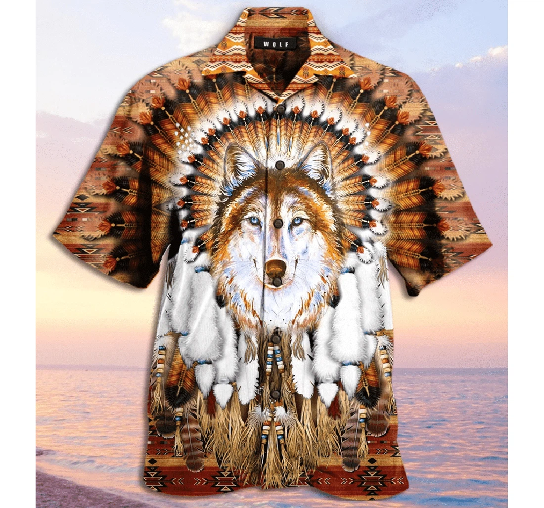 Personalized Wolf Feather Headdress Hawaiian Shirt, Button Up Aloha Shirt For Men, Women