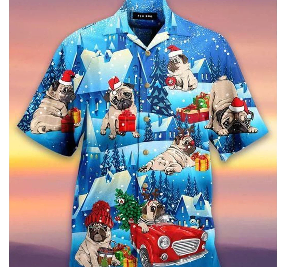 Personalized So Cute Santa Pug Snowy Blue Hawaiian Shirt, Button Up Aloha Shirt For Men, Women