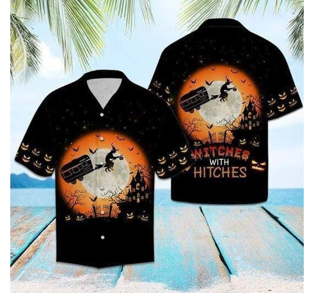 Personalized Witches With Hitches Halloween Hawaiian Shirt, Button Up Aloha Shirt For Men, Women
