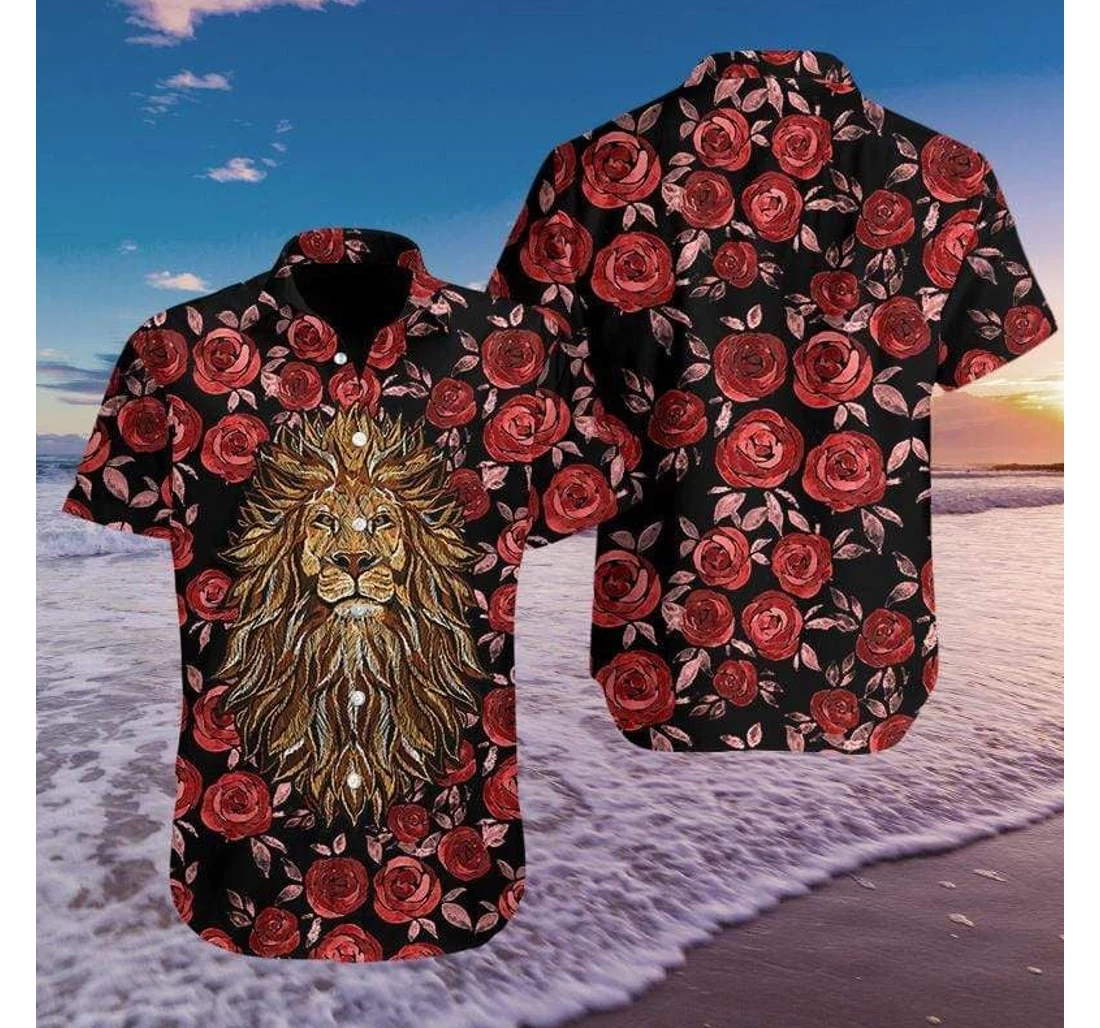 Personalized Lion Rose Hawaiian Shirt, Button Up Aloha Shirt For Men, Women