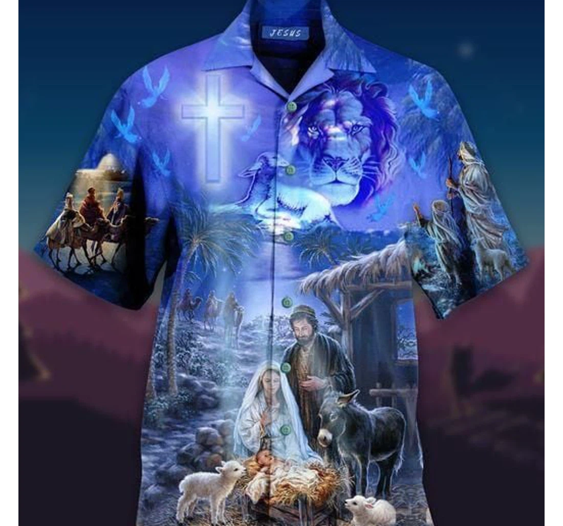 Personalized Lion With Jesus Was Born In Farm Blue Hawaiian Shirt, Button Up Aloha Shirt For Men, Women