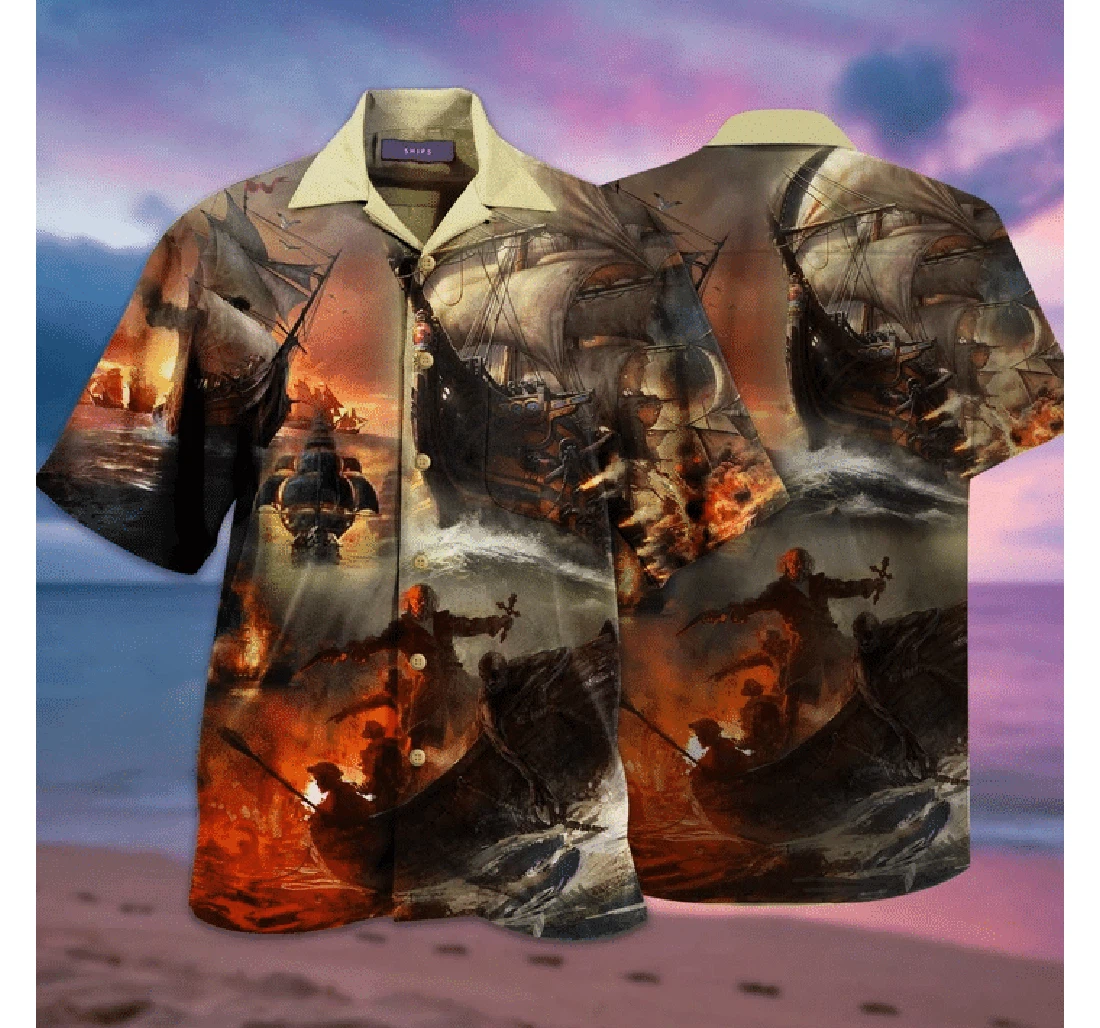 Personalized Amazing Fighting Pirate Ships Hawaiian Shirt, Button Up Aloha Shirt For Men, Women