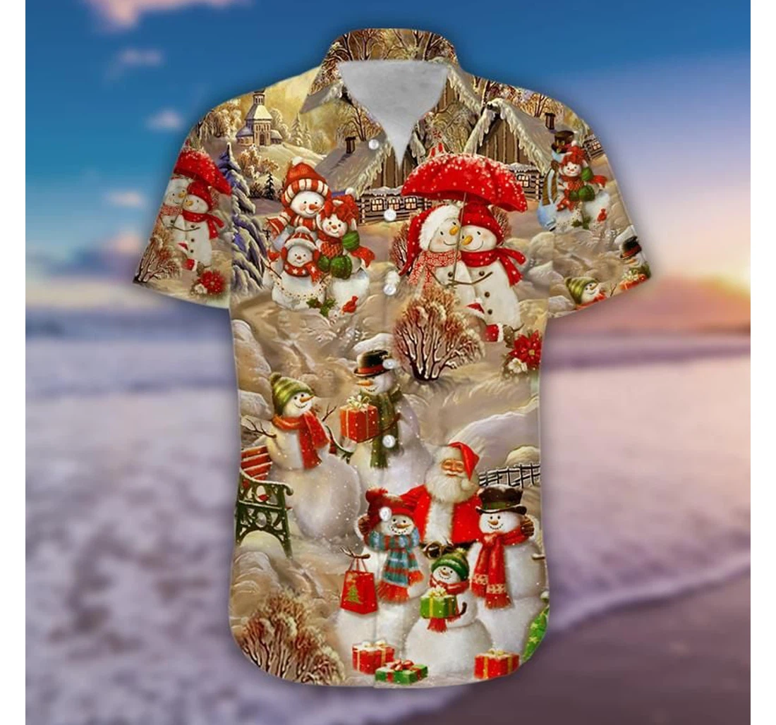 Personalized Lovely Snowman With Santa Claus Hawaiian Shirt, Button Up Aloha Shirt For Men, Women