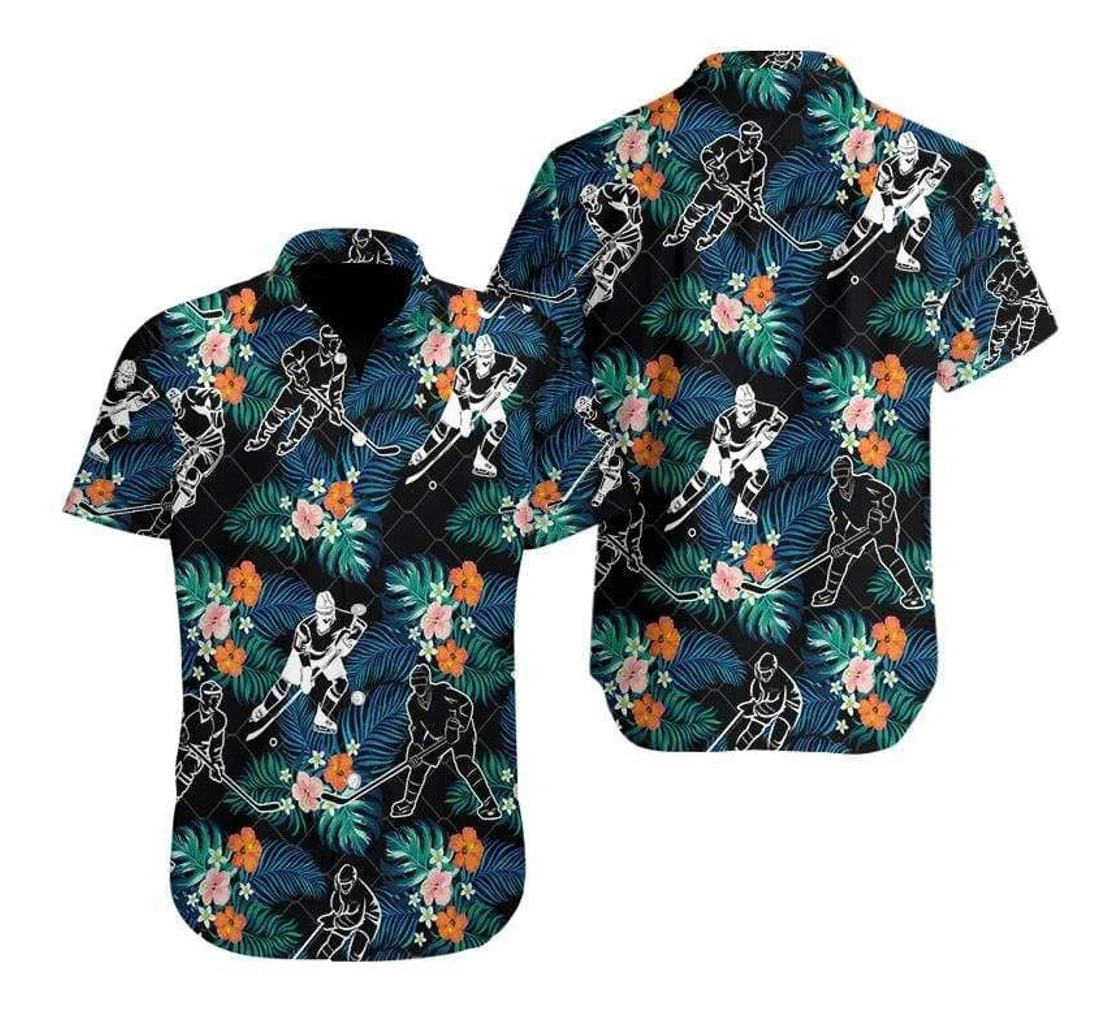 Personalized Hockey Player Black Hibiscus Hawaiian Shirt, Button Up Aloha Shirt For Men, Women