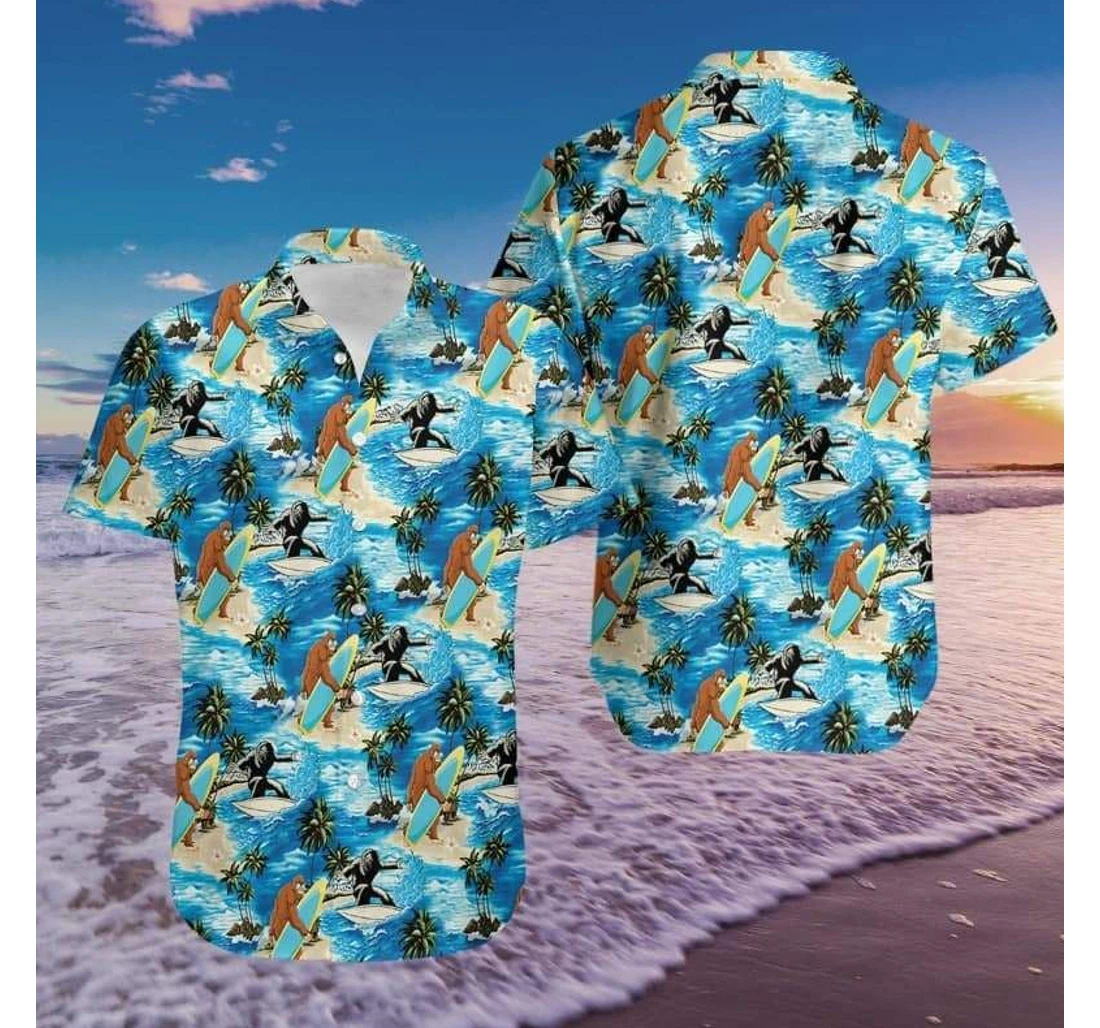 Personalized Bigfoot Surfing Sunset Vibe Hawaiian Shirt, Button Up Aloha Shirt For Men, Women
