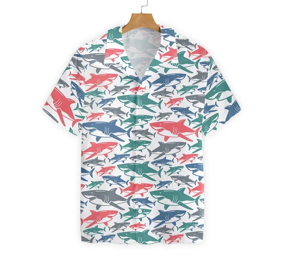 Personalized Shark Pattern Hawaiian Shirt, Button Up Aloha Shirt For Men, Women