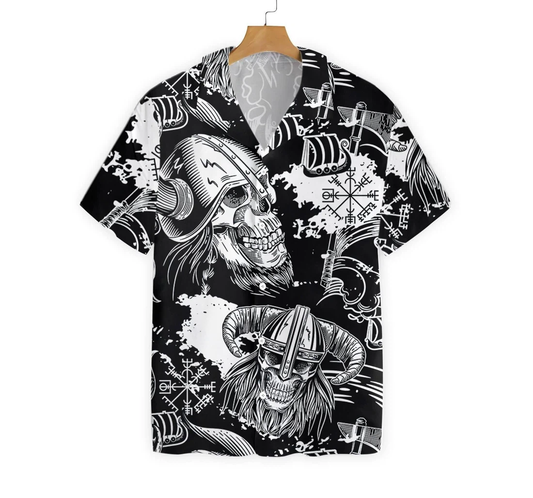 Personalized Seamless Pattern Skull In Viking Helmets Hawaiian Shirt, Button Up Aloha Shirt For Men, Women