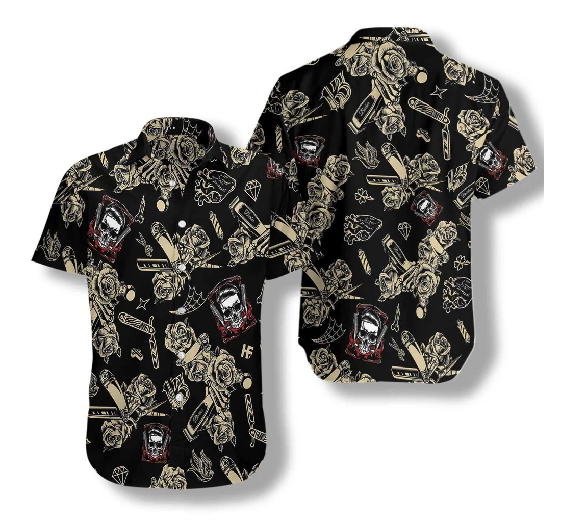 Personalized Barber Skull Hawaiian Shirt, Button Up Aloha Shirt For Men, Women