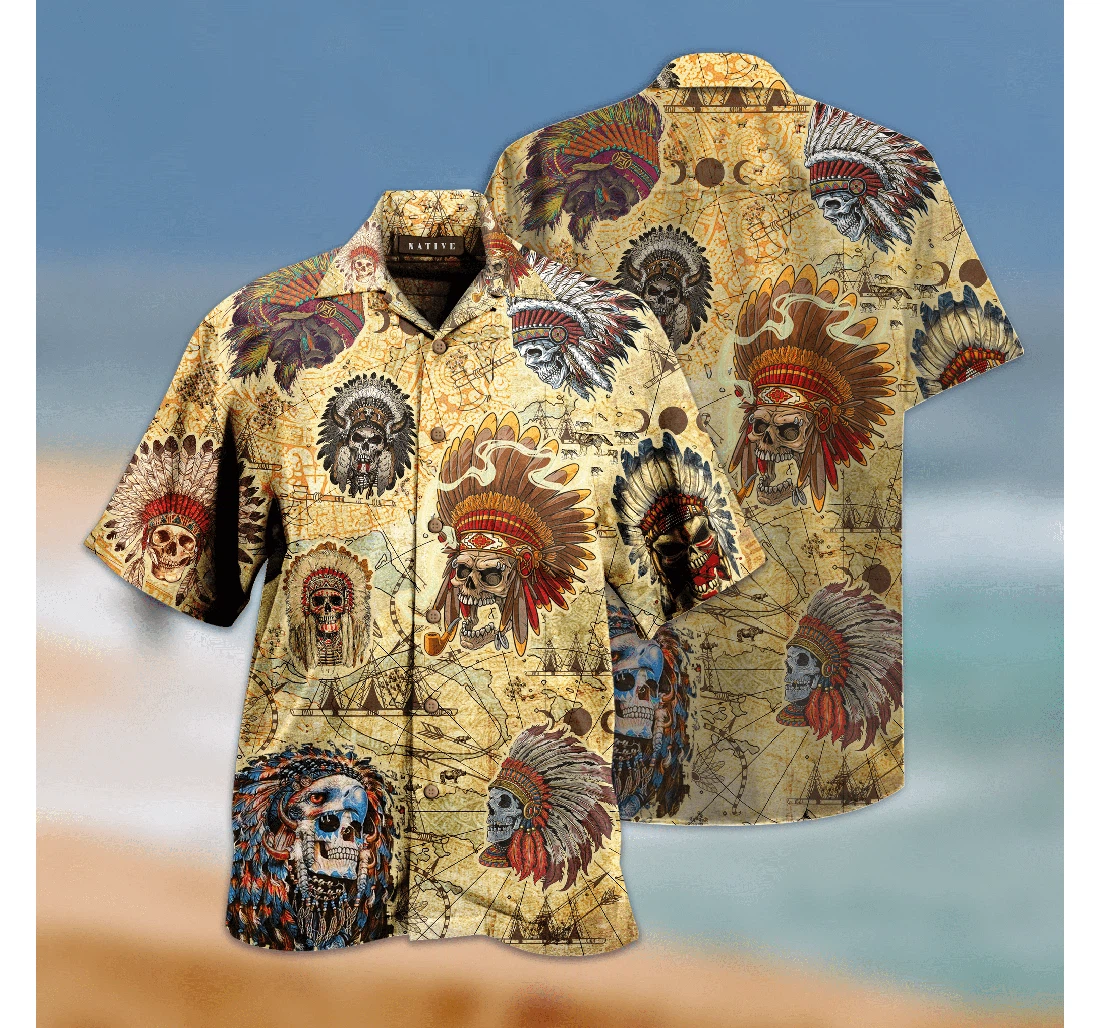 Personalized Native American Skull Hawaiian Shirt, Button Up Aloha Shirt For Men, Women