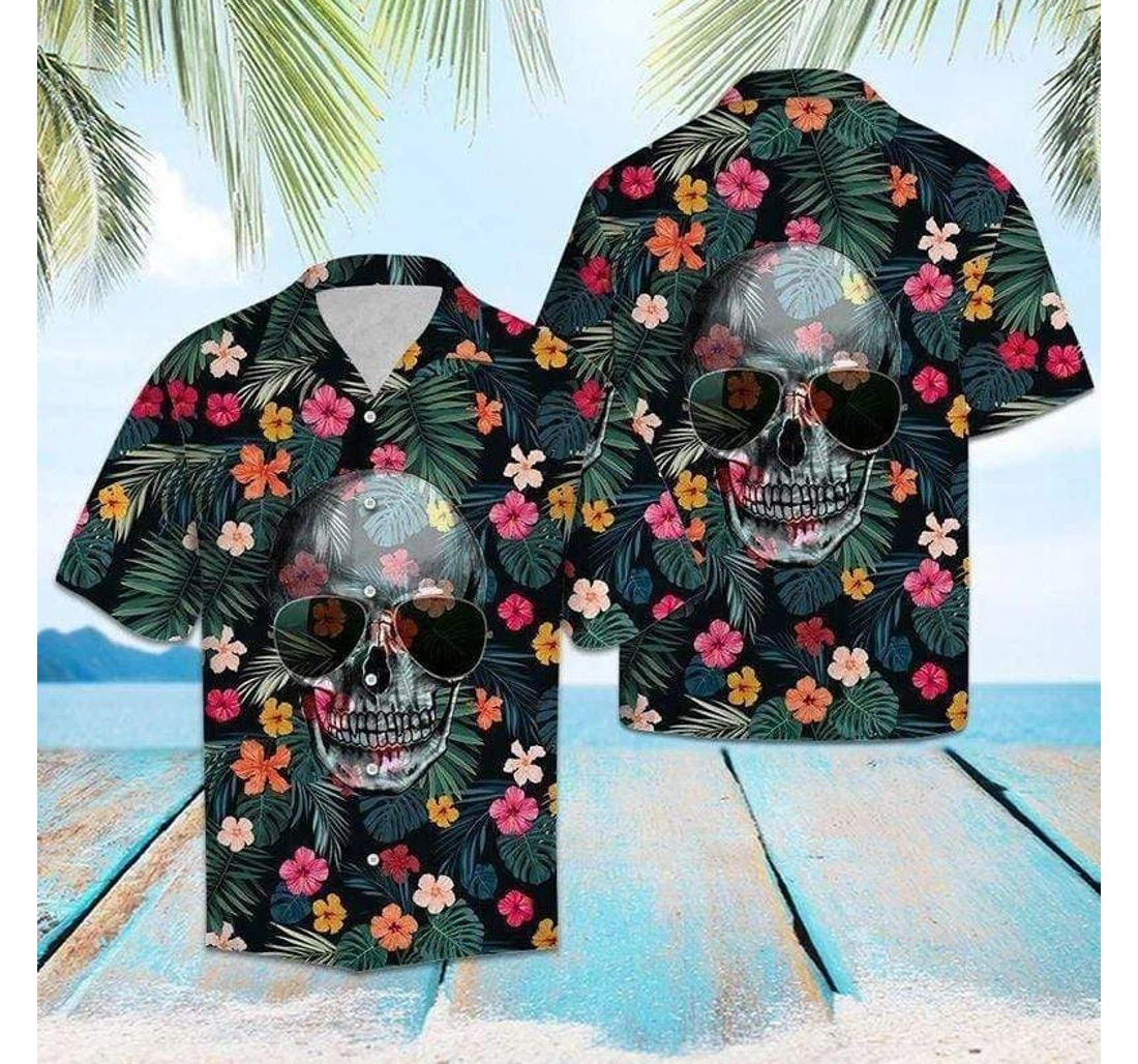Personalized Funny Skull Wearing Sun Glasses Hawaiian Shirt, Button Up Aloha Shirt For Men, Women