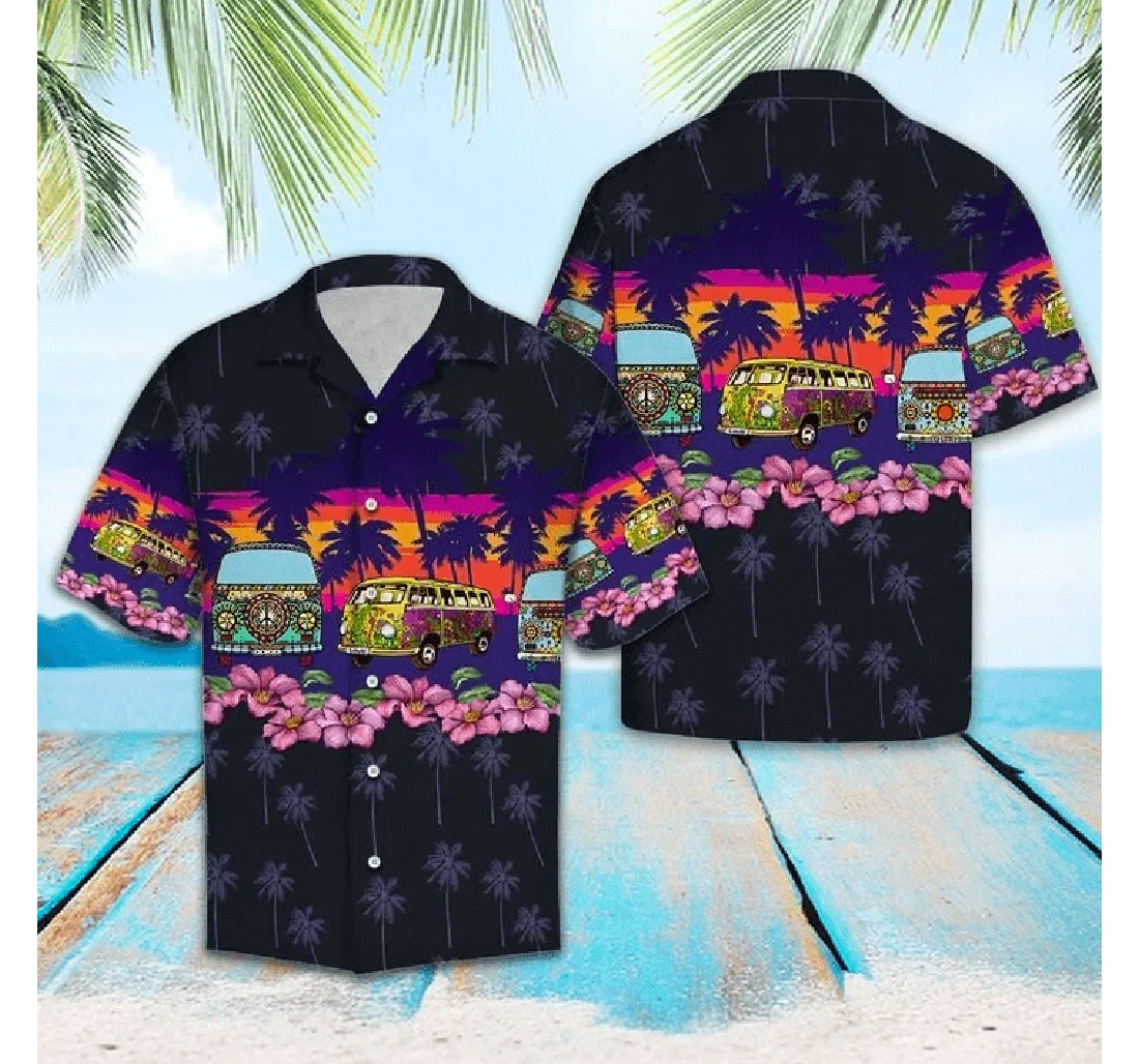 Personalized Hippie Car Black Hawaiian Shirt, Button Up Aloha Shirt For Men, Women