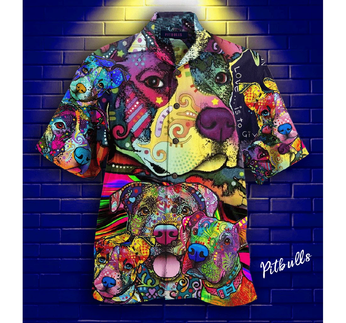 Personalized Pit Bull Colorful Hawaiian Shirt, Button Up Aloha Shirt For Men, Women