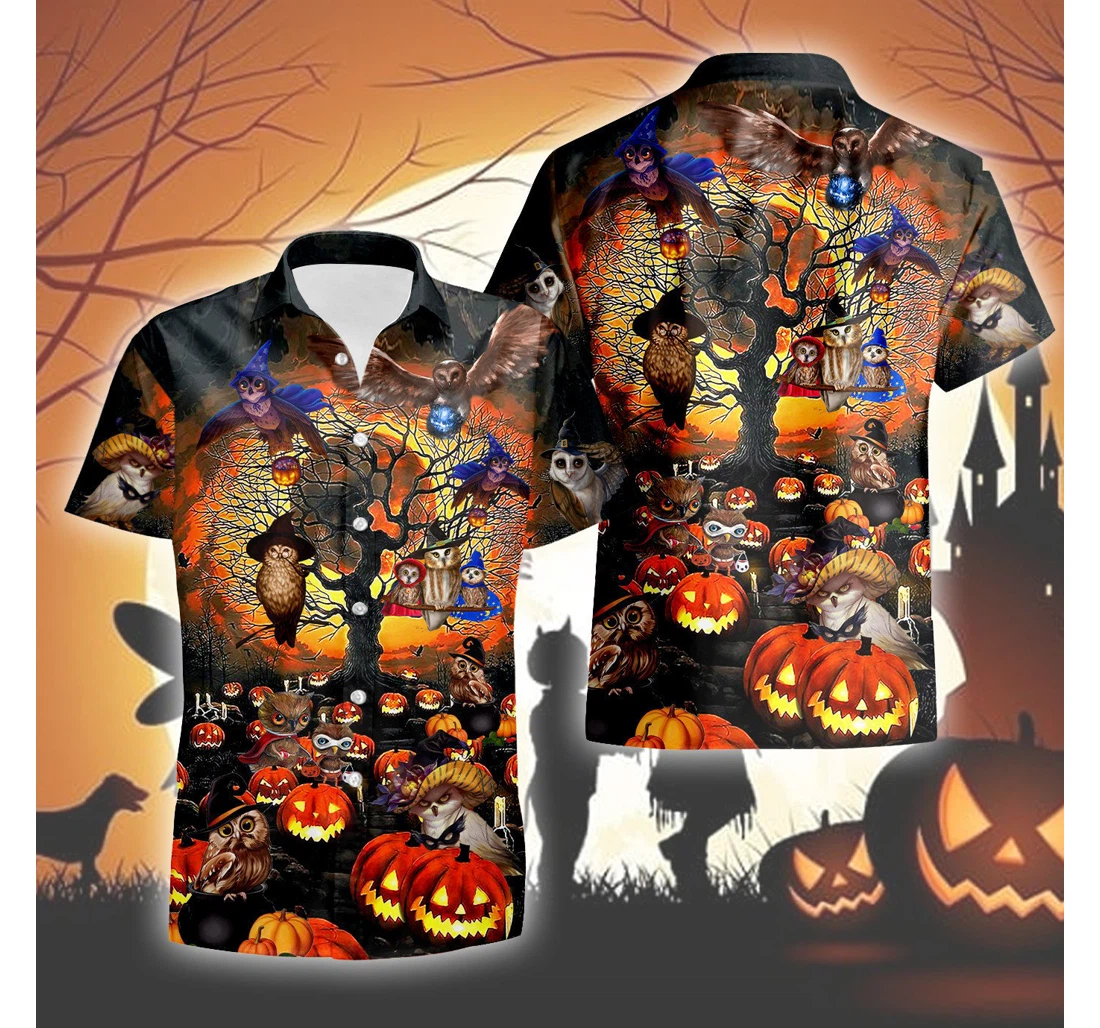 Personalized Owl Halloween Pumpkin Pan Hawaiian Shirt, Button Up Aloha Shirt For Men, Women