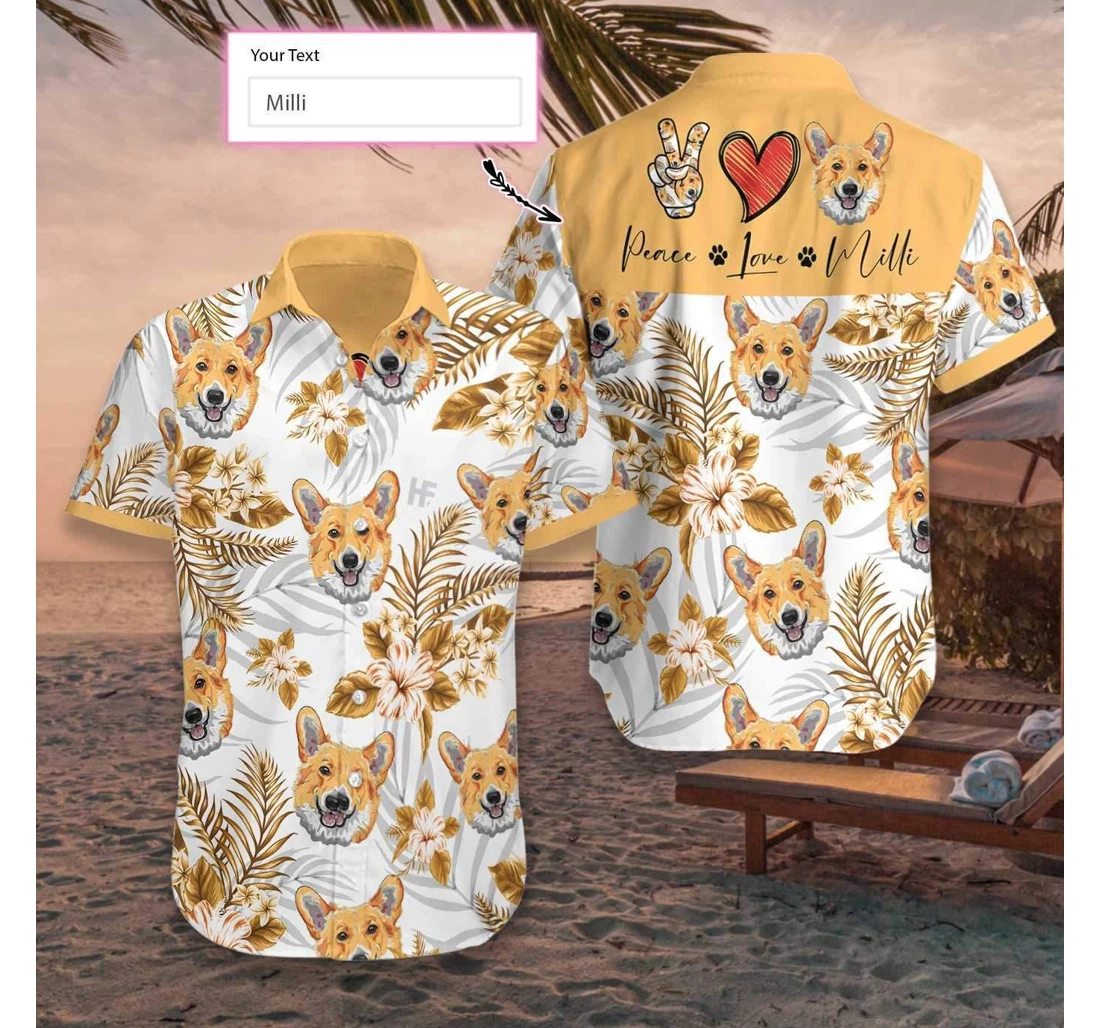 Personalized Custom Name Peace Love Corgi Hawaiian Shirt, Button Up Aloha Shirt For Men, Women