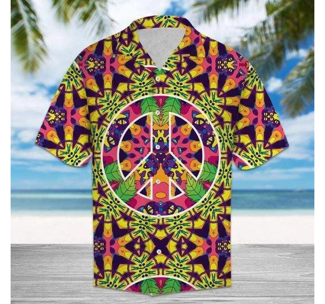 Personalized Hippie Peace Sign Colorful Hawaiian Shirt, Button Up Aloha Shirt For Men, Women