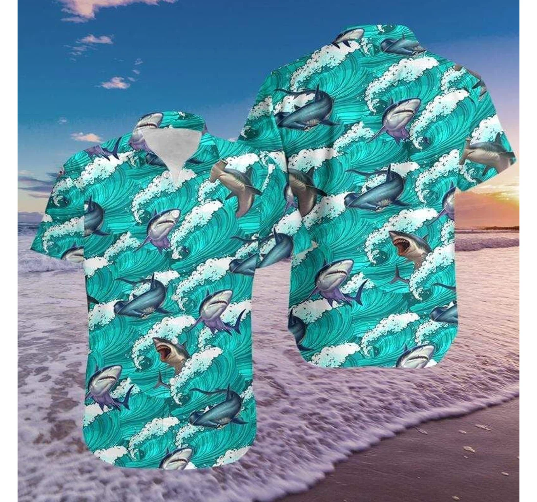 Personalized Funny Blue Shark On Wave Vibe Hawaiian Shirt, Button Up Aloha Shirt For Men, Women