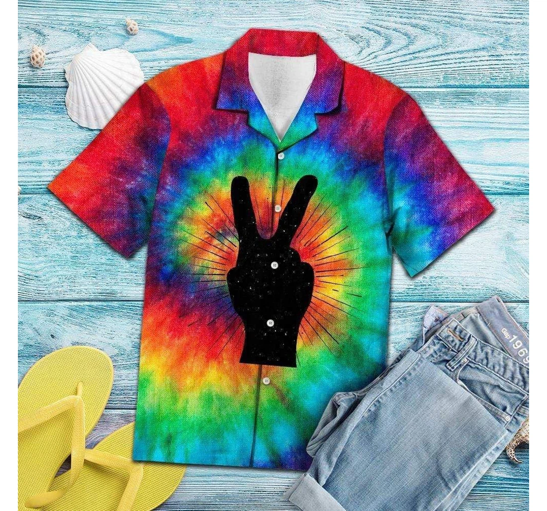 Personalized Tie-dye Peace Symbol V Sign Hippie Hawaiian Shirt, Button Up Aloha Shirt For Men, Women