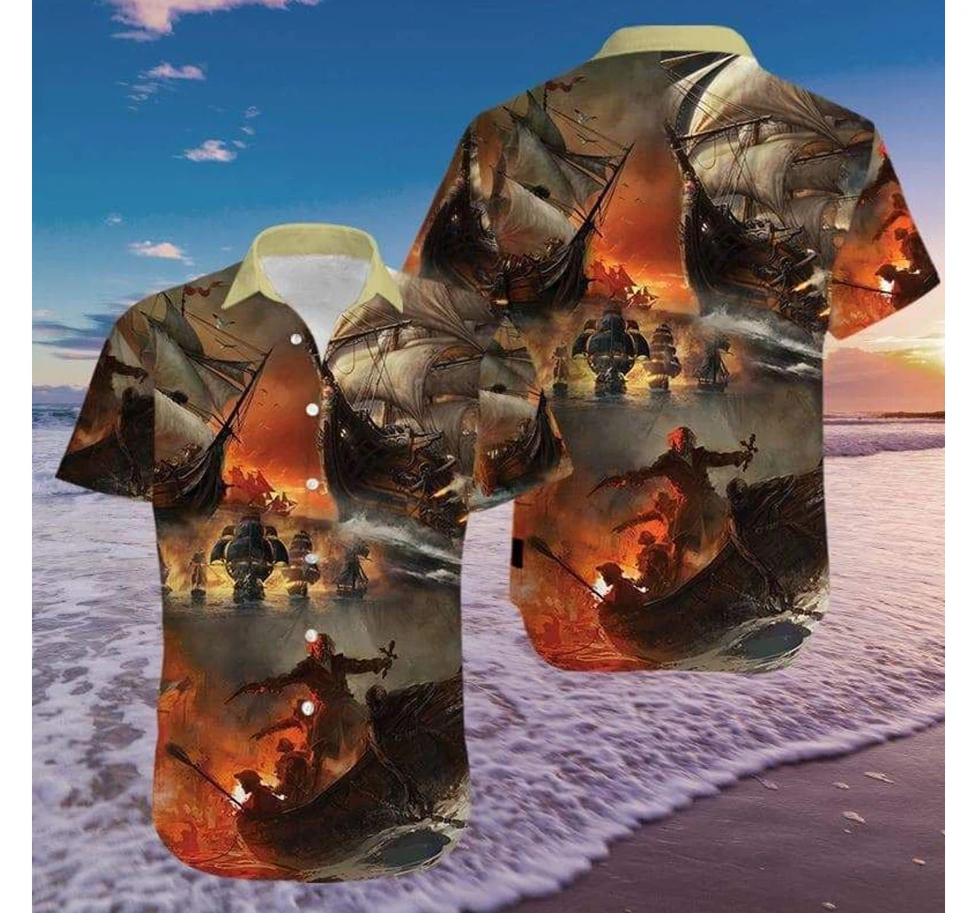 Personalized Amazing Fighting Pirate Ship Hawaiian Shirt, Button Up Aloha Shirt For Men, Women