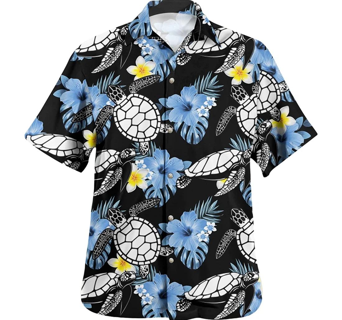 Personalized Turtle Blue Hibiscus Silhouette Cute Turle Sea Pattern Ideal Gift Bff Family Hawaiian Shirt, Button Up Aloha Shirt For Men, Women