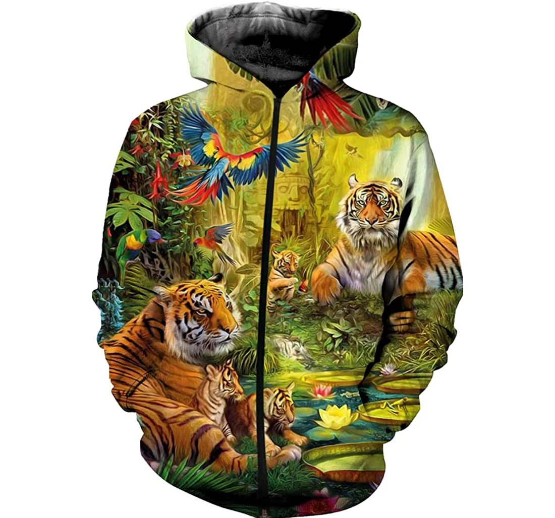 Personalized Tigers Parrots Street Sports Spring Autumn Outdoor Sportswear - 3D Printed Pullover Hoodie