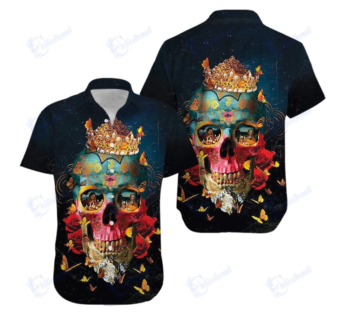 Personalized Crown Skull And Fire Girl Hawaiian Shirt, Button Up Aloha Shirt For Men, Women