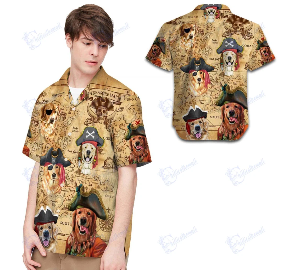 Personalized Pirate Golden Retriever Dog Lovers Hawaiian Shirt, Button Up Aloha Shirt For Men, Women