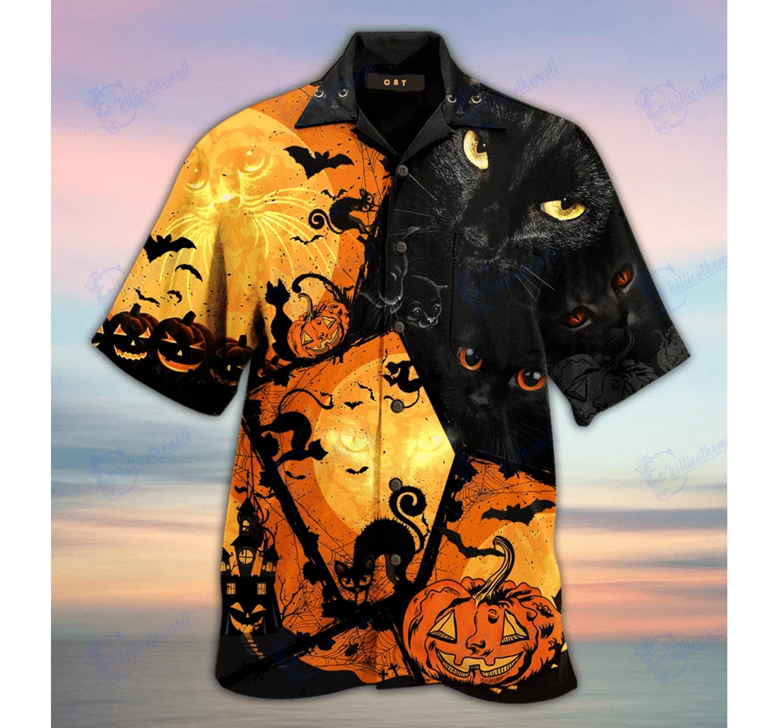 Personalized Black Cat Halloween Hawaiian Shirt, Button Up Aloha Shirt For Men, Women