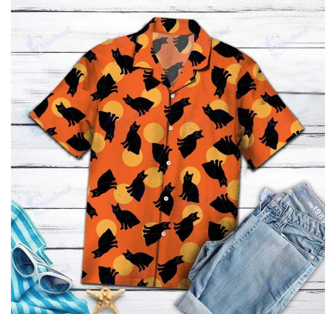 Personalized Halloween Black Cat Orange Hawaiian Shirt, Button Up Aloha Shirt For Men, Women