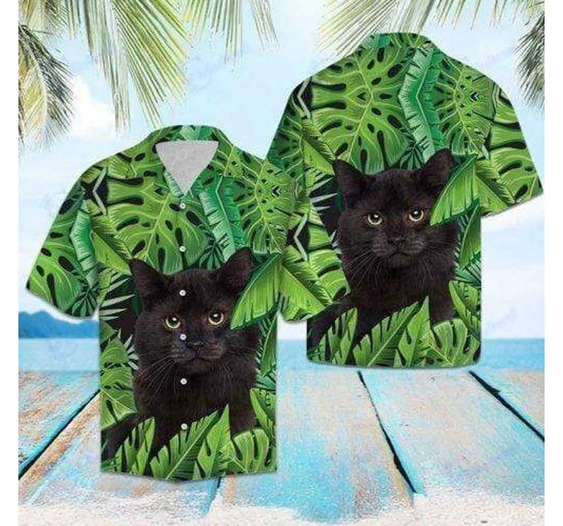 Personalized Beach Black Cat Hawaiian Shirt, Button Up Aloha Shirt For Men, Women