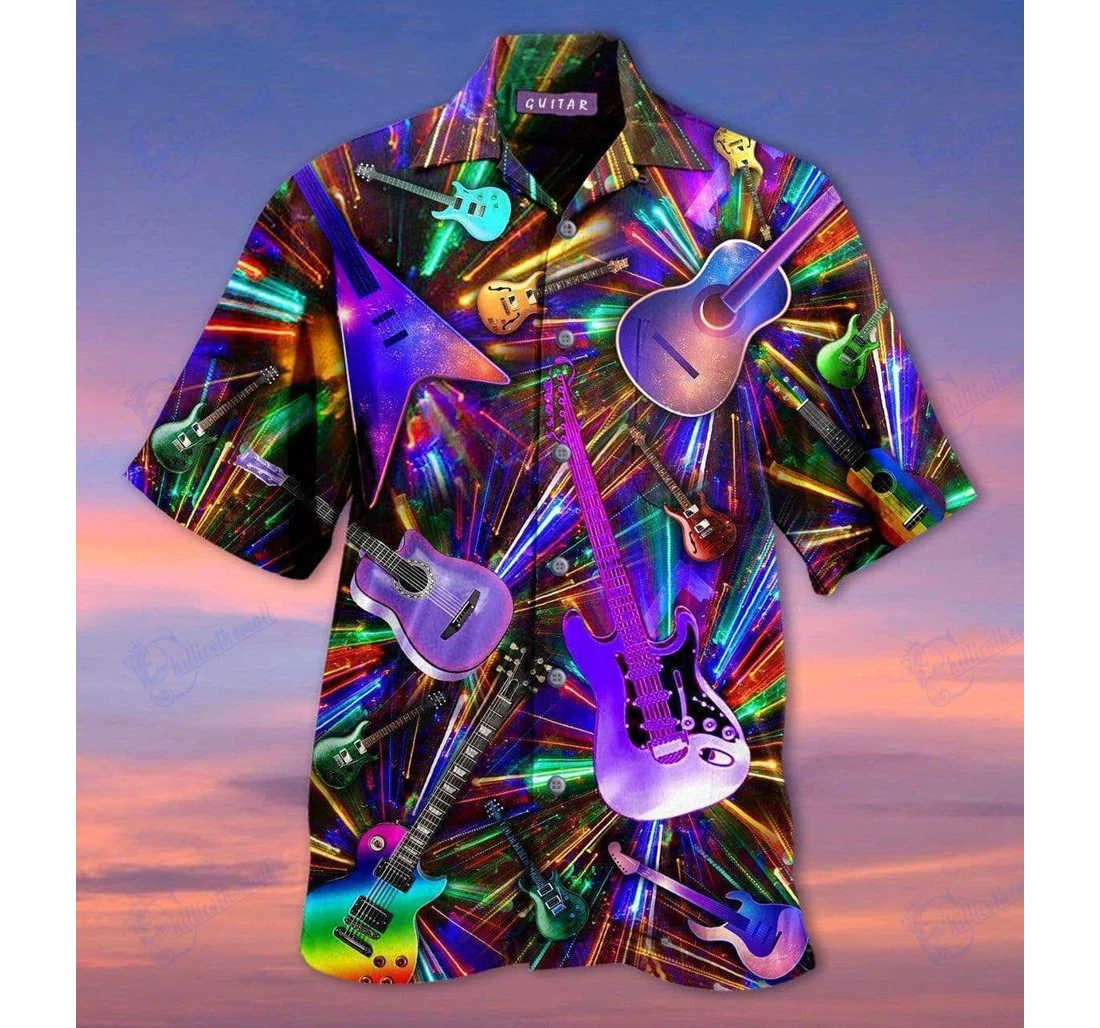 Personalized Colorful Light Guitar Hawaiian Shirt, Button Up Aloha Shirt For Men, Women