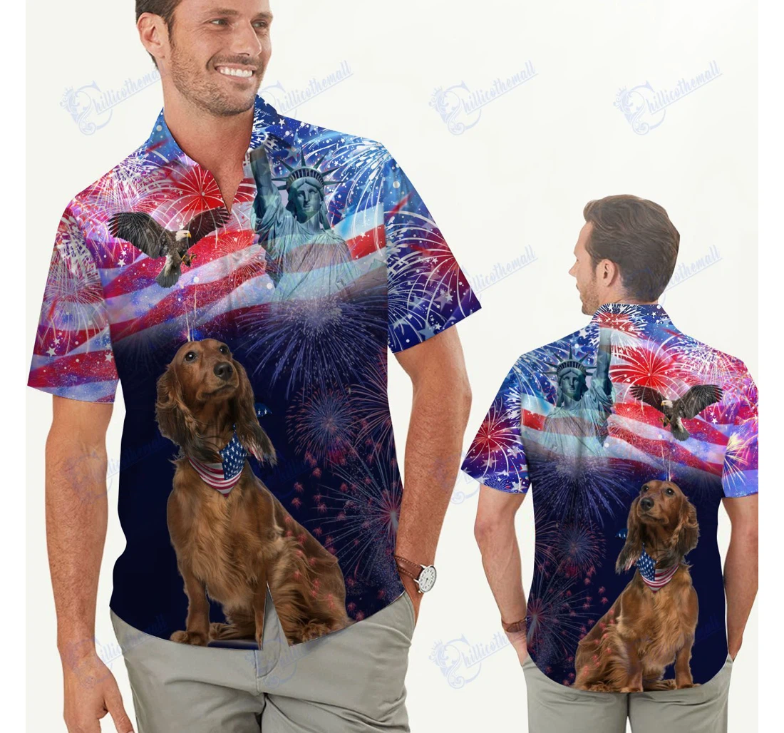 Personalized Dachshund Fireworks American Independence Day Hawaiian Shirt, Button Up Aloha Shirt For Men, Women