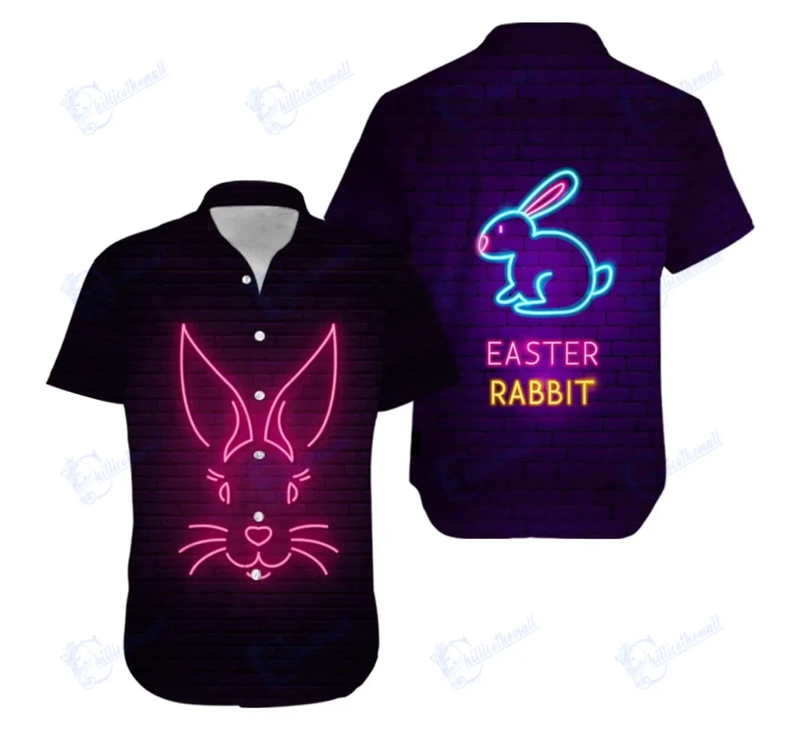 Personalized Bunny Neon Pink Happy Easter Day V-zides Sport Hawaiian Shirt, Button Up Aloha Shirt For Men, Women