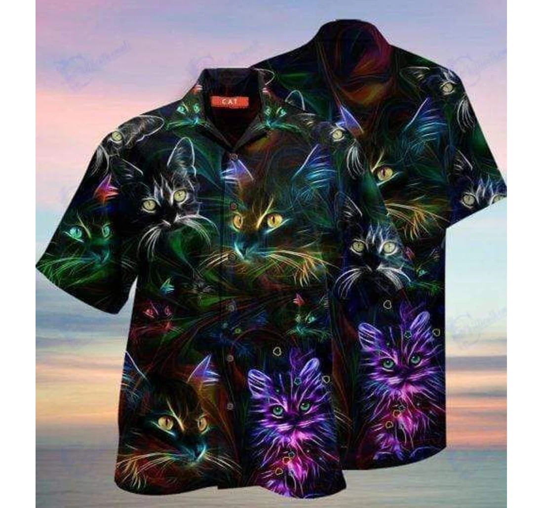 Personalized Colorful Cat Hawaiian Shirt, Button Up Aloha Shirt For Men, Women