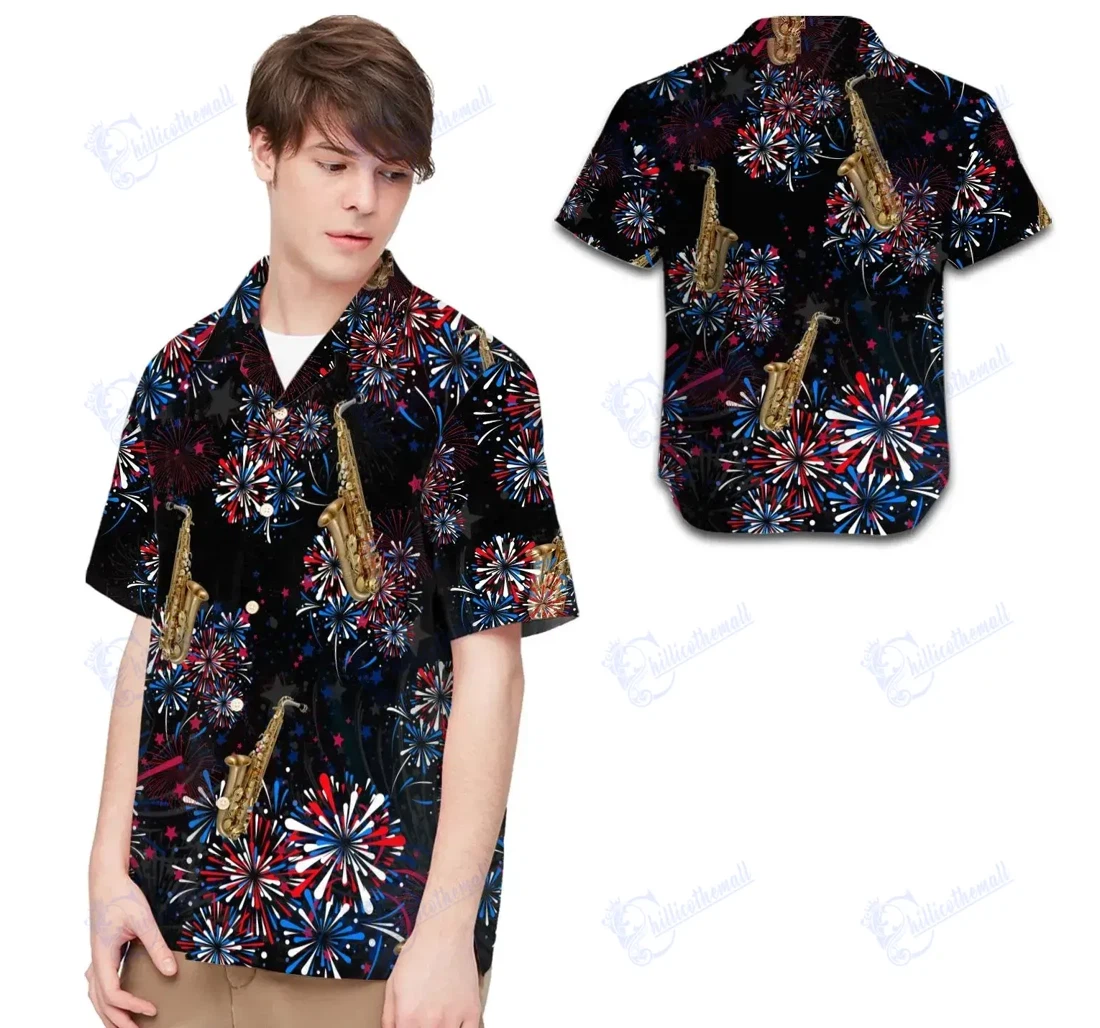 Personalized Saxophone American Independence Day 4th Of July Fireworks Hawaiian Shirt, Button Up Aloha Shirt For Men, Women